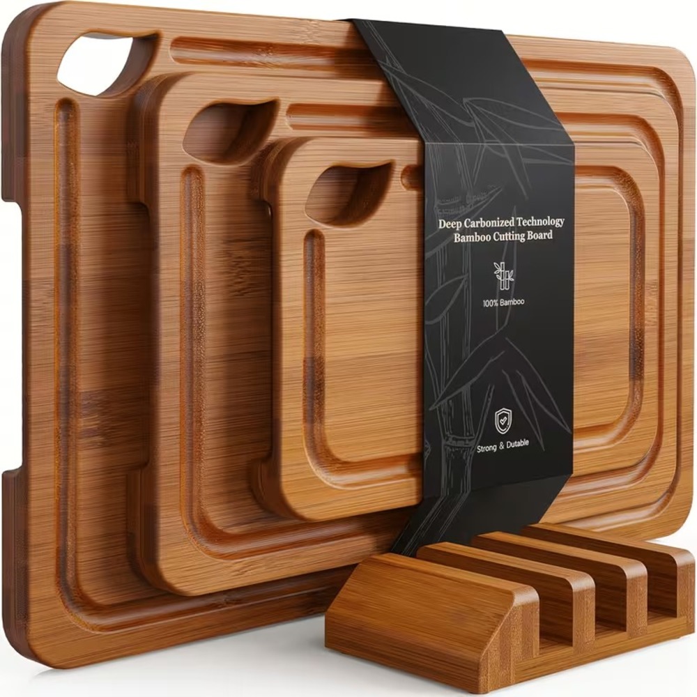 Bamboo Cutting Boards with Wood Storage Stand Deep Carbonized Grooved 3 Sizes